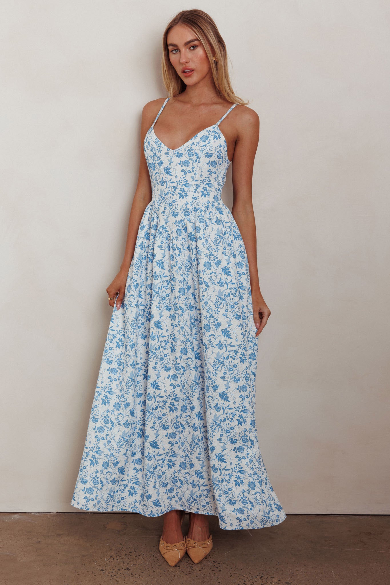Enchanted Leaf Floral Print A-Line Maxi Dress Blue by Selfie Leslie