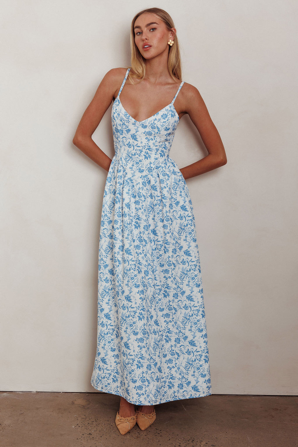 Enchanted Leaf Floral Print A-Line Maxi Dress Blue by Selfie Leslie