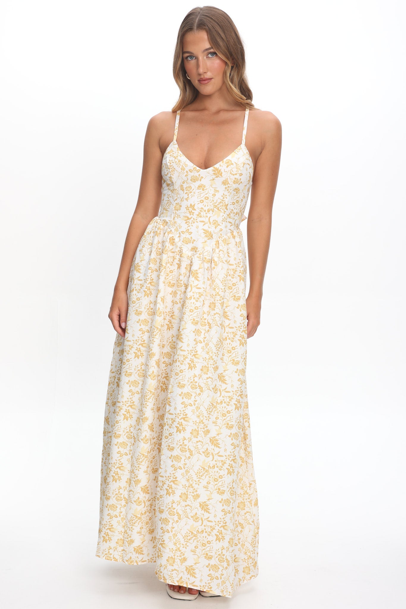 Enchanted Leaf Floral Print A-Line Maxi Dress Yellow by Selfie Leslie