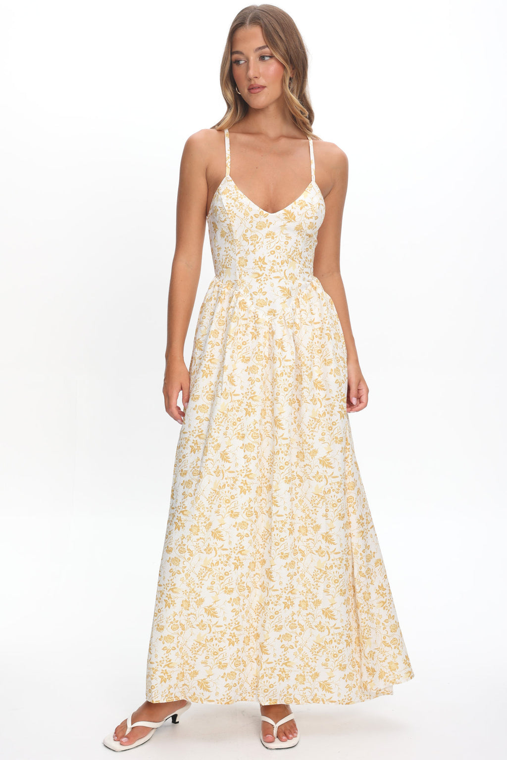 Enchanted Leaf Floral Print A-Line Maxi Dress Yellow by Selfie Leslie