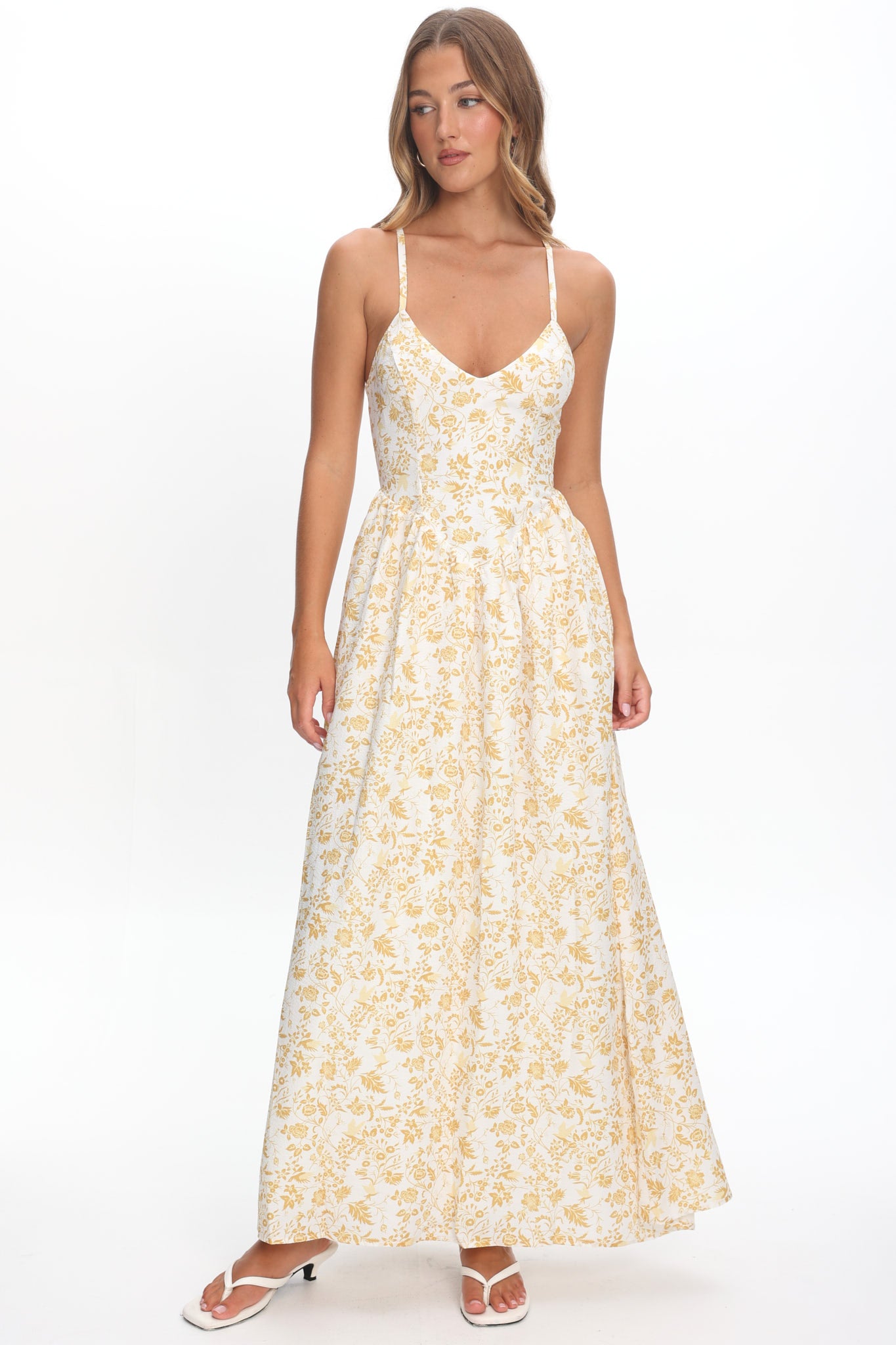 Enchanted Leaf Floral Print A-Line Maxi Dress Yellow by Selfie Leslie