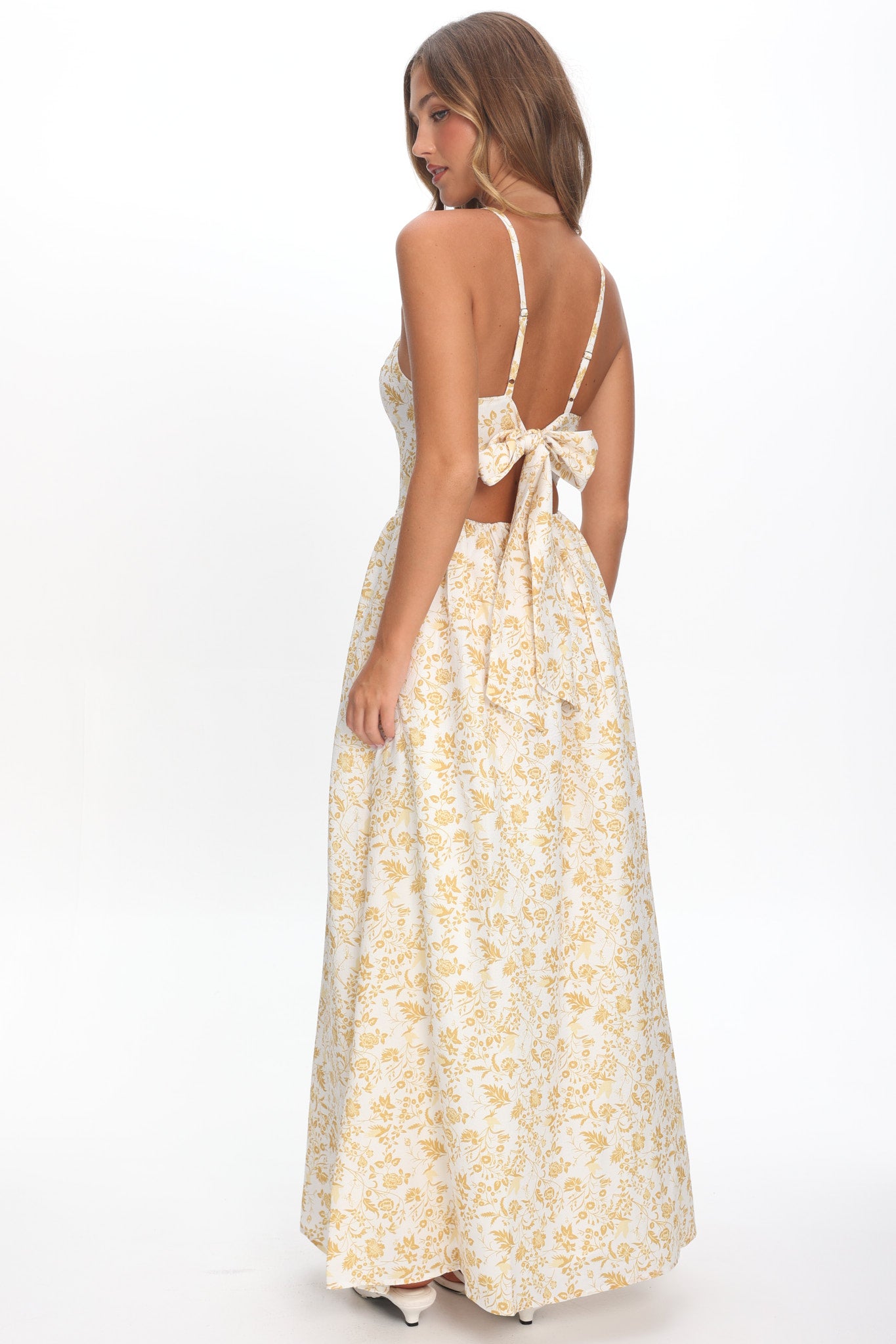 Enchanted Leaf Floral Print A-Line Maxi Dress Yellow by Selfie Leslie