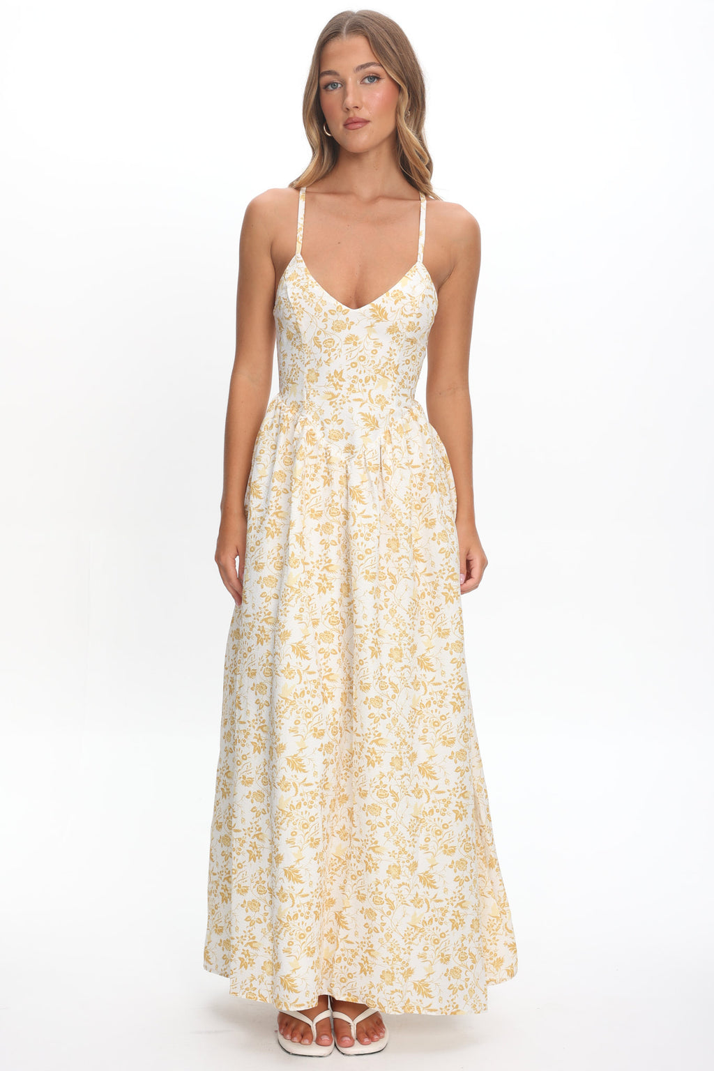 Enchanted Leaf Floral Print A-Line Maxi Dress Yellow by Selfie Leslie