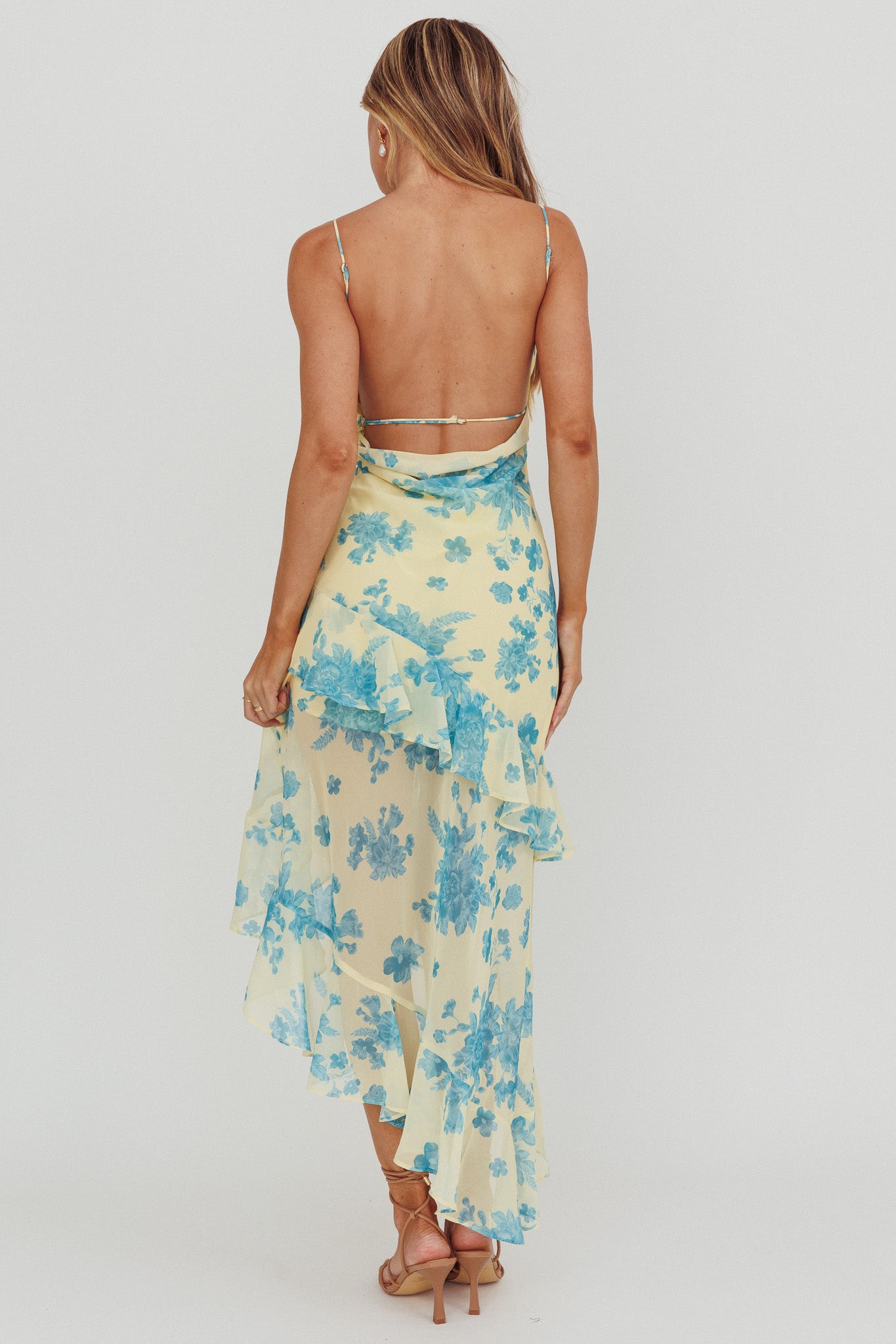 Chances Rosette Ruffle Midi Dress Floral Lemon by Selfie Leslie