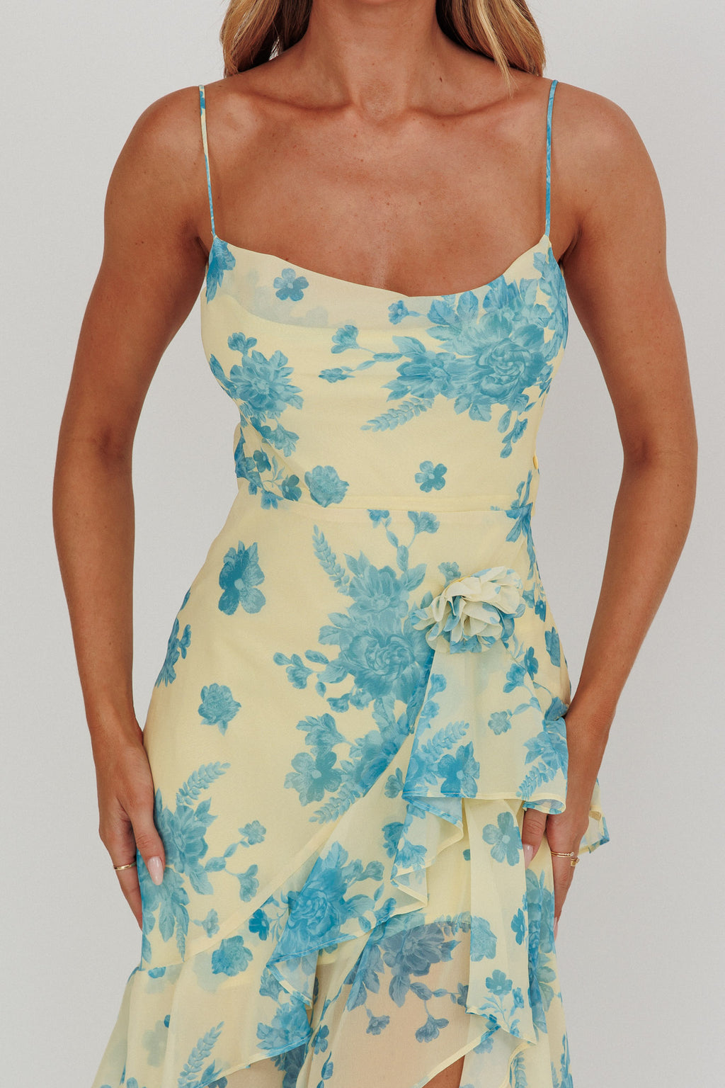 Chances Rosette Ruffle Midi Dress Floral Lemon by Selfie Leslie