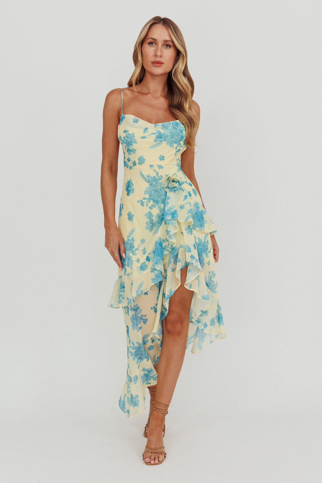 Chances Rosette Ruffle Midi Dress Floral Lemon by Selfie Leslie