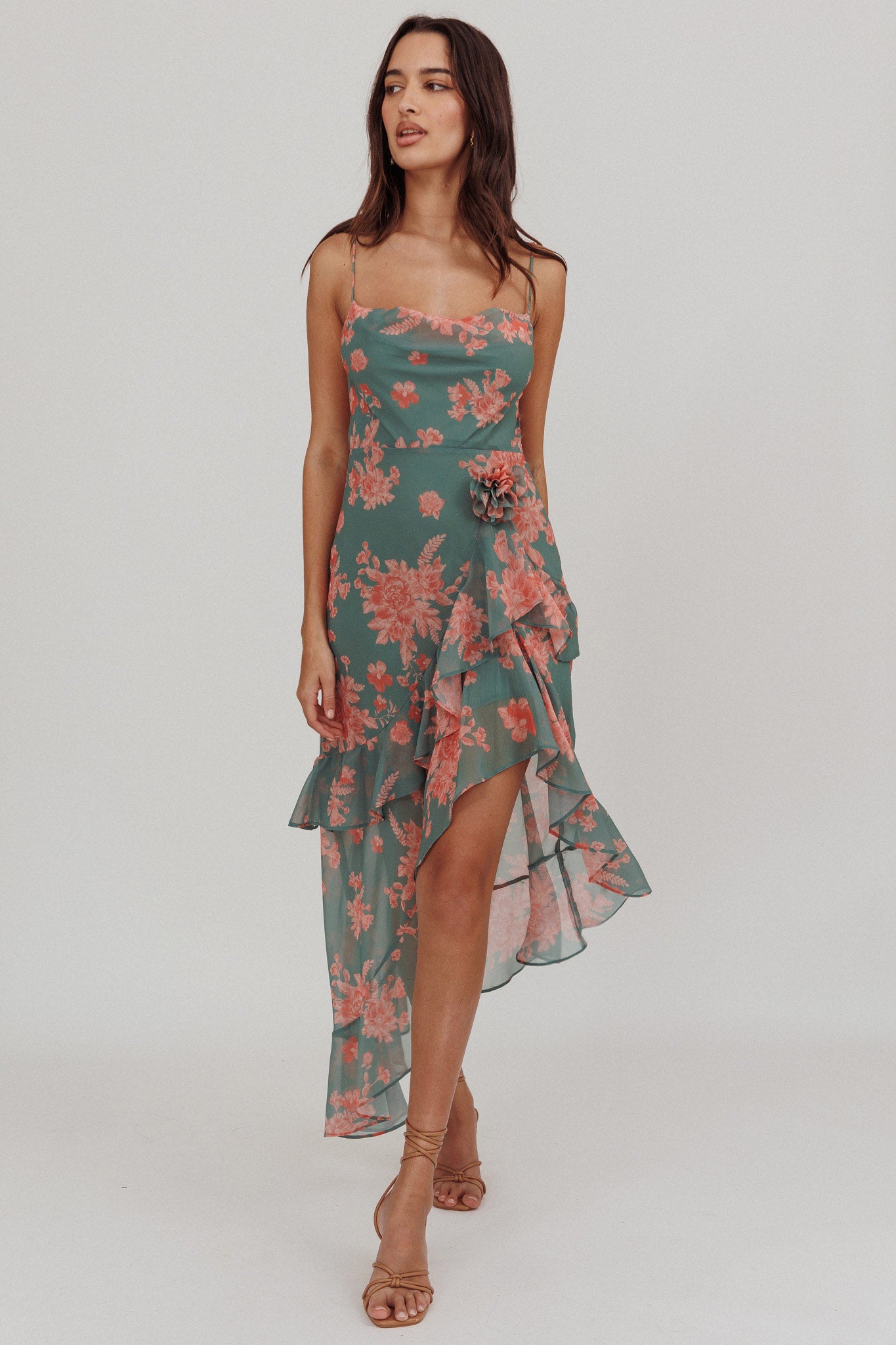 Chances Rosette Ruffle Midi Dress Floral Mint by Selfie Leslie