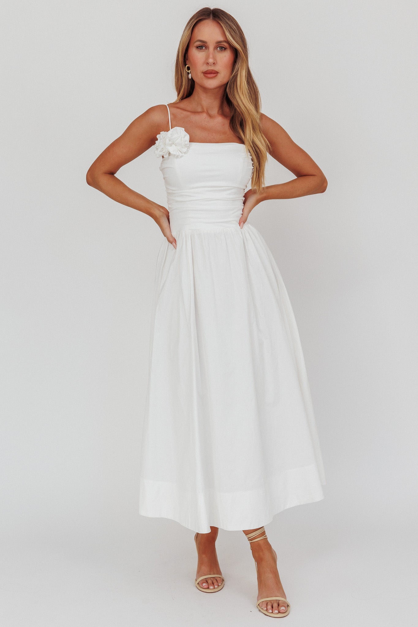 Ezrah A-Line Rosette Maxi Dress White by Selfie Leslie