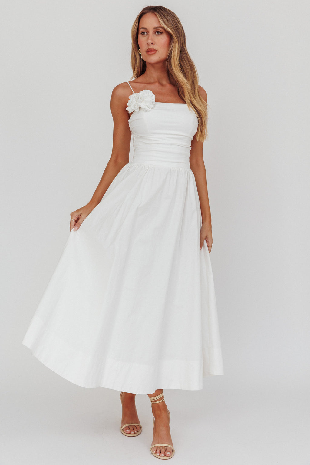 Ezrah A-Line Rosette Maxi Dress White by Selfie Leslie