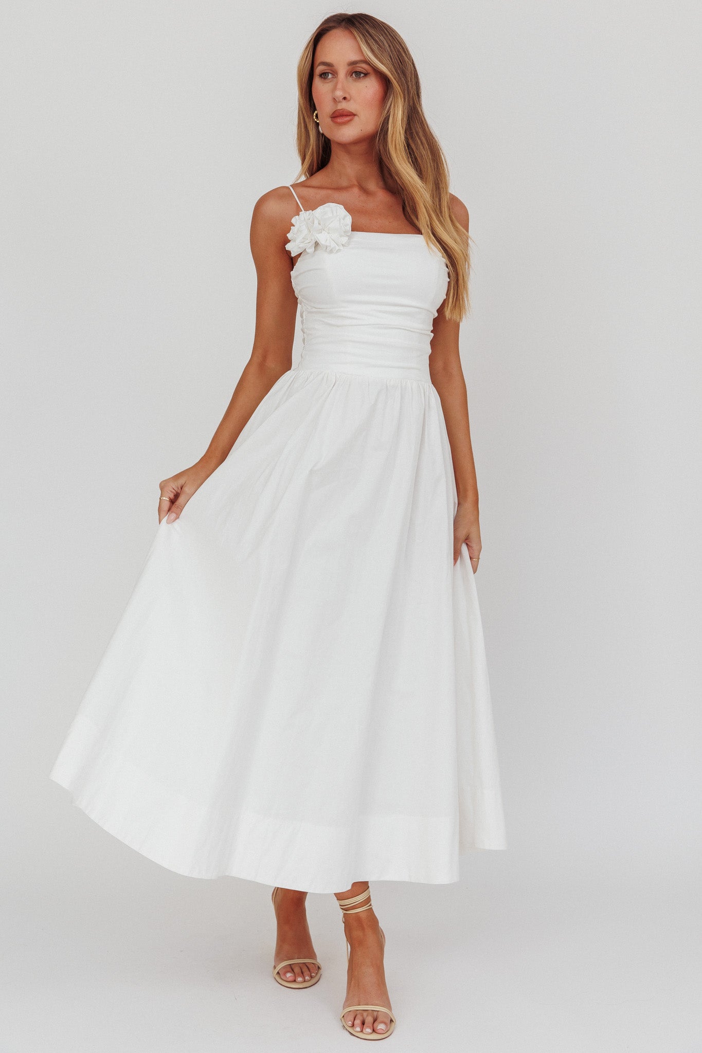 Ezrah A-Line Rosette Maxi Dress White by Selfie Leslie