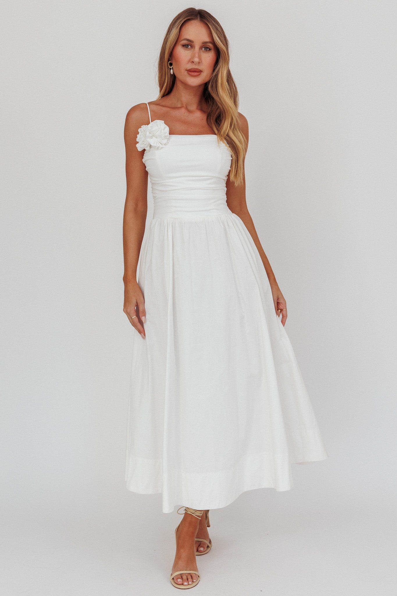 Ezrah A-Line Rosette Maxi Dress White by Selfie Leslie