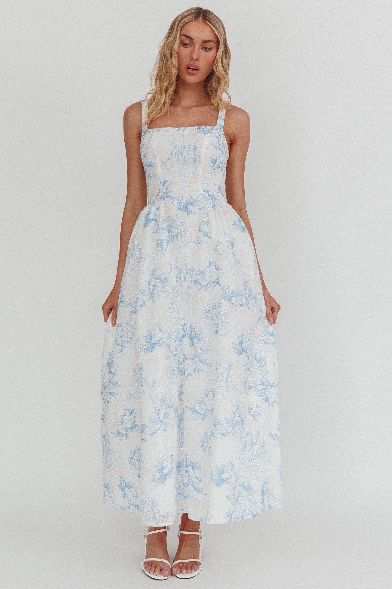 El Corazon Smocked Neckline Maxi Dress Print Blue by Selfie Leslie