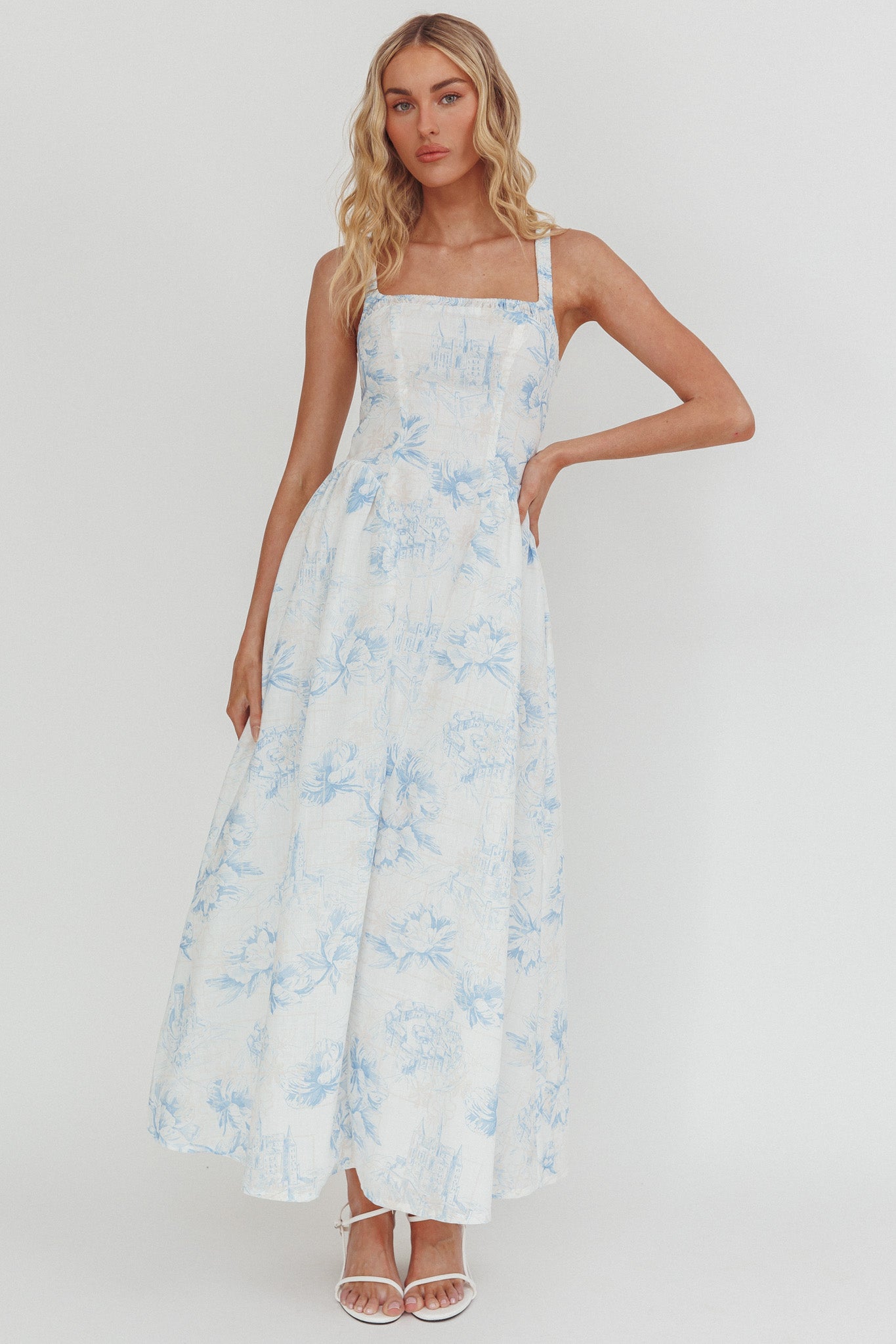 El Corazon Smocked Neckline Maxi Dress Print Blue by Selfie Leslie