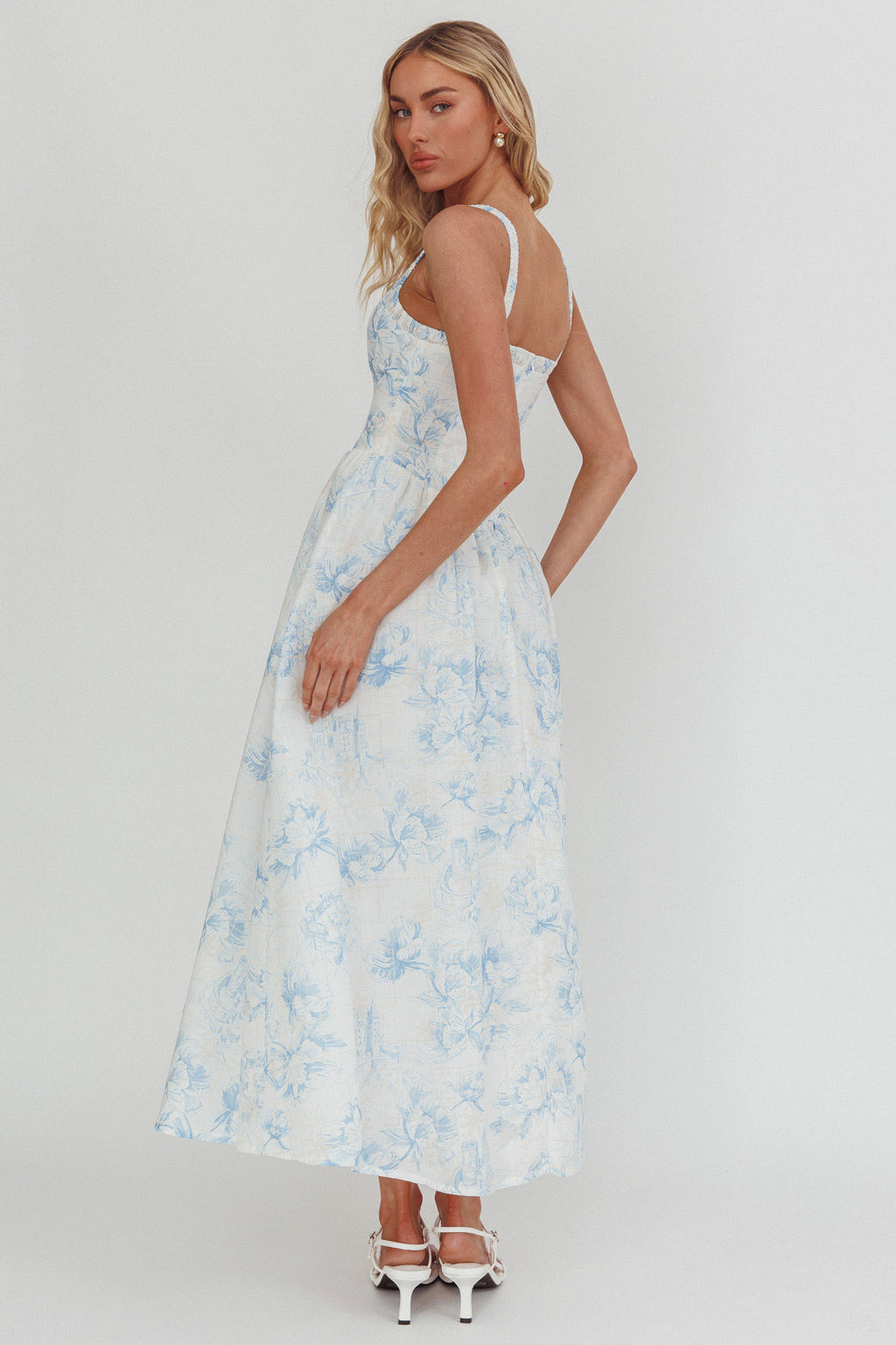 El Corazon Smocked Neckline Maxi Dress Print Blue by Selfie Leslie