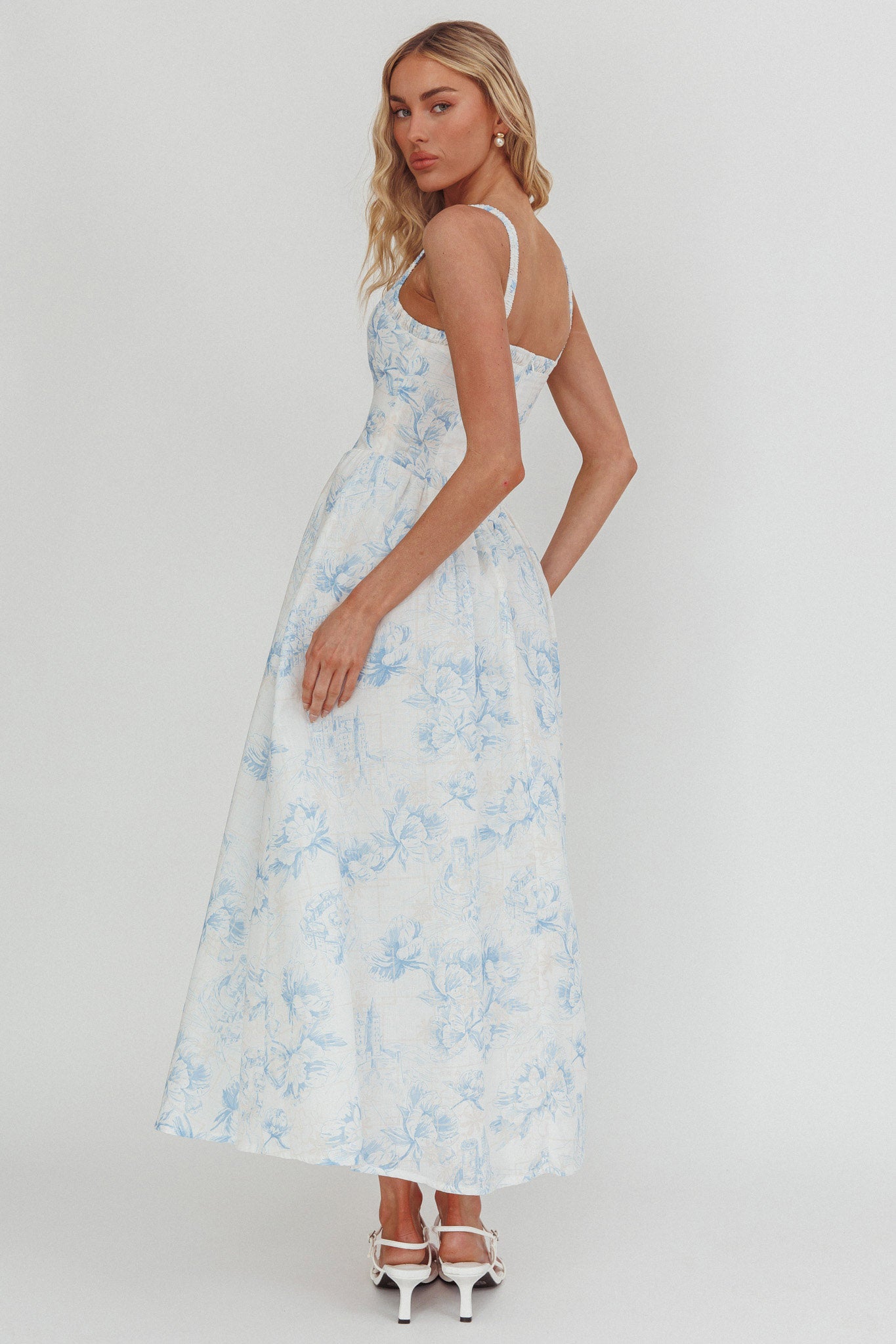 El Corazon Smocked Neckline Maxi Dress Print Blue by Selfie Leslie
