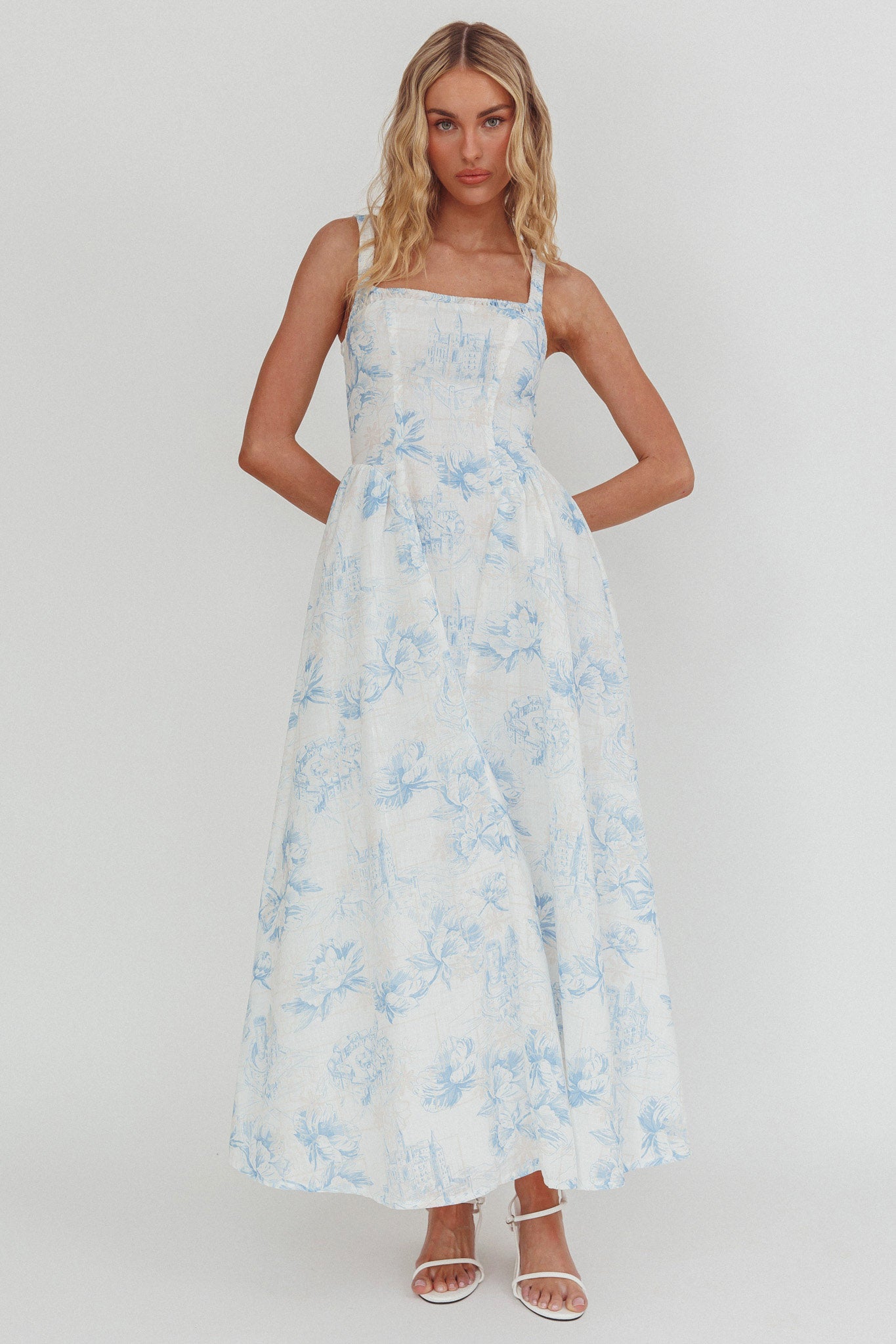 El Corazon Smocked Neckline Maxi Dress Print Blue by Selfie Leslie