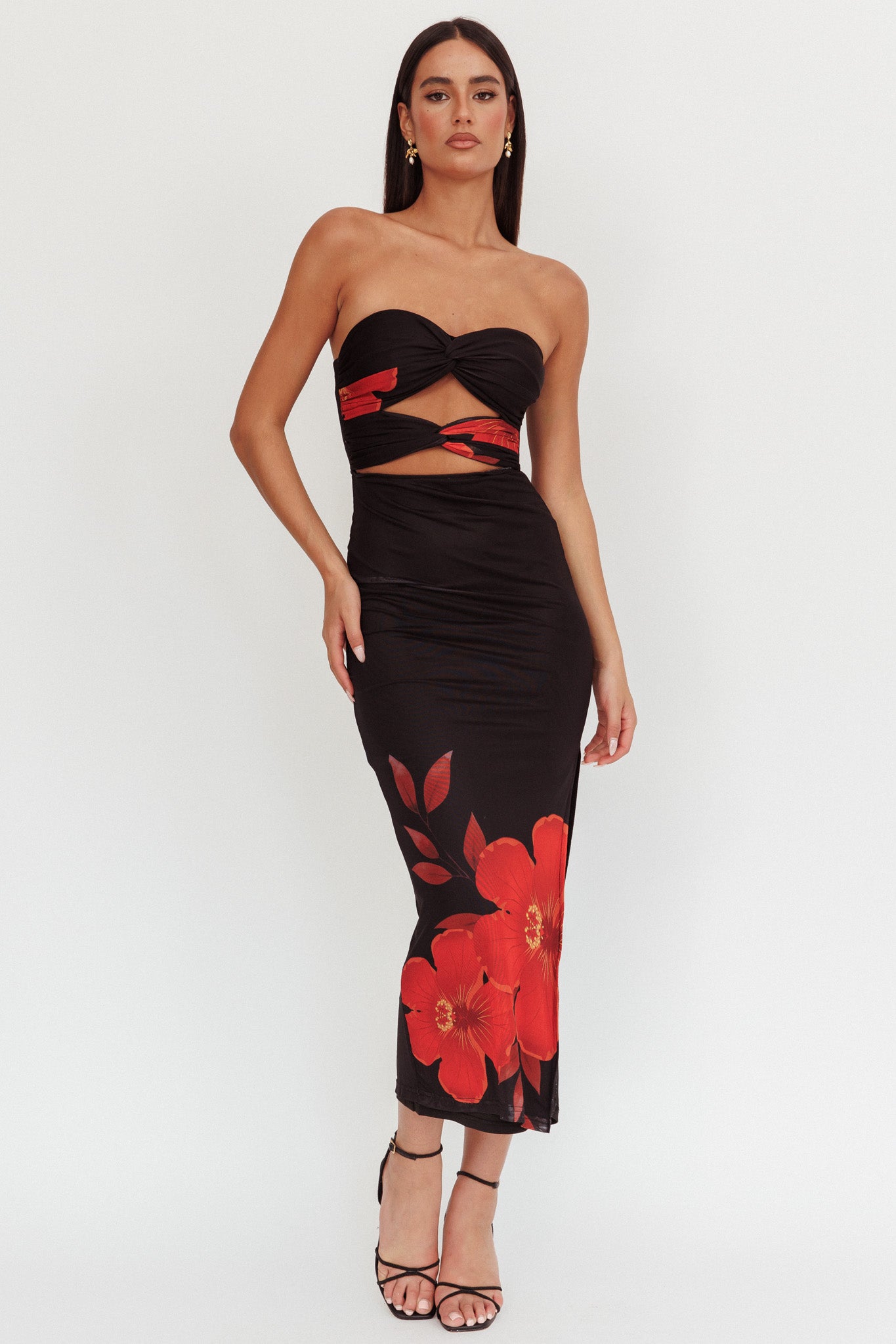 Shop the Silah Twist Bodice Maxi Dress Hibiscus Black