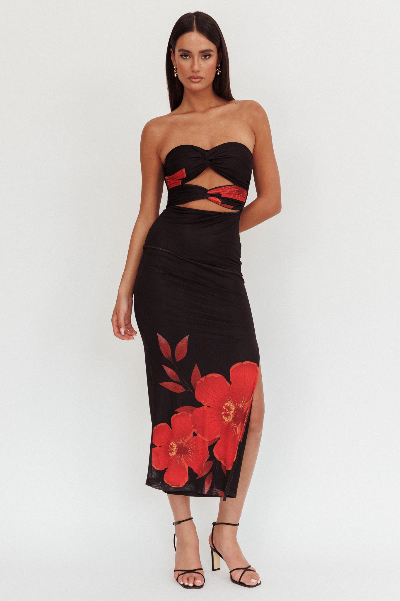 Silah Twist Bodice Maxi Dress Hibiscus Black by Selfie Leslie