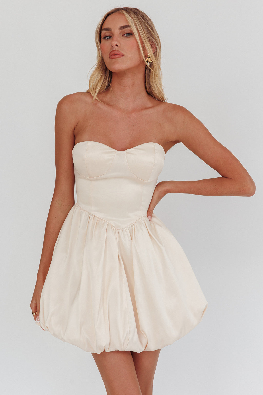 For Love Strapless Balloon Skirt Mini Dress Panna Cotta by Selfie Leslie