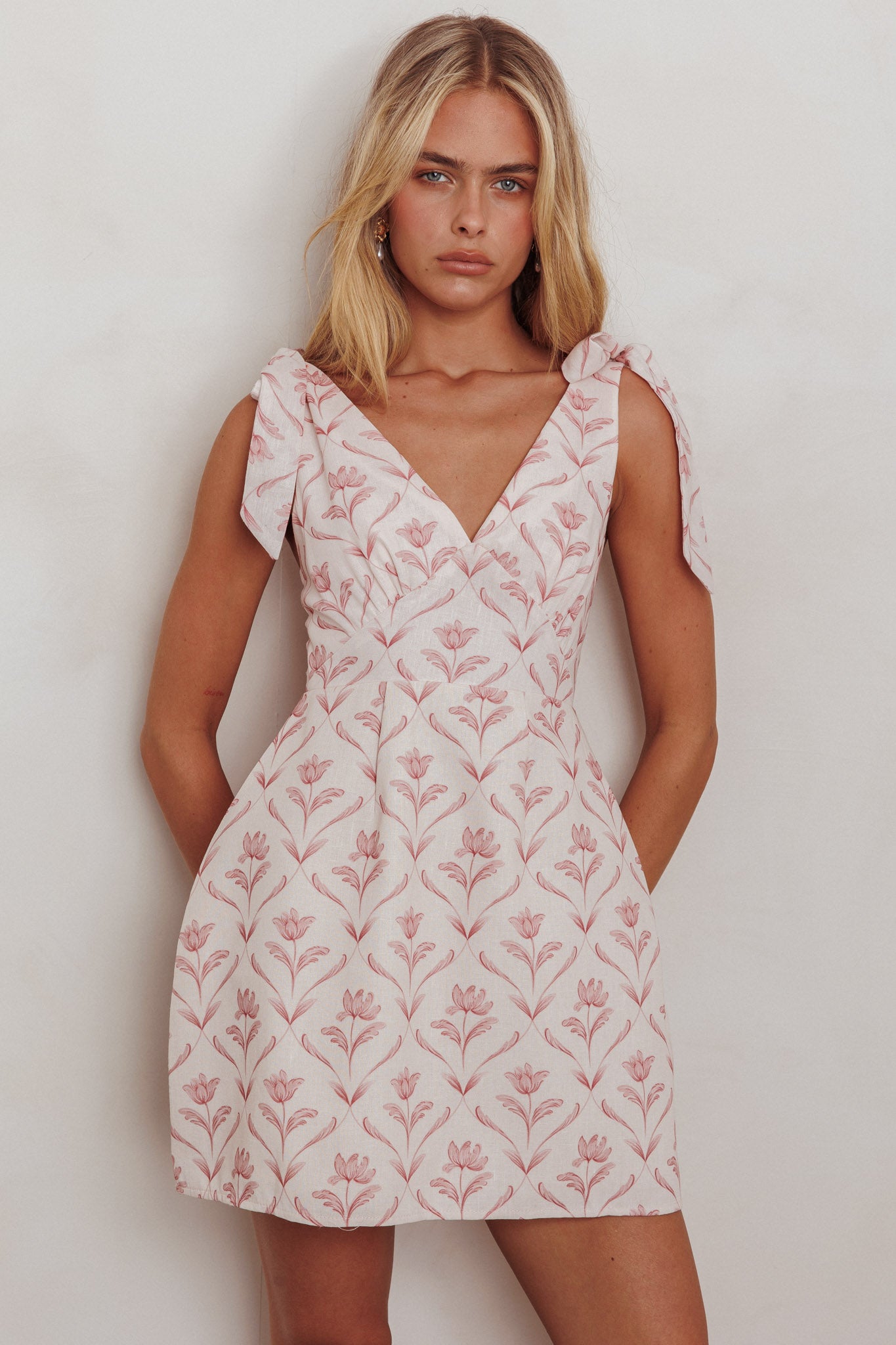Glam Up Tied Shoulder Mini Dress Beige by Selfie Leslie