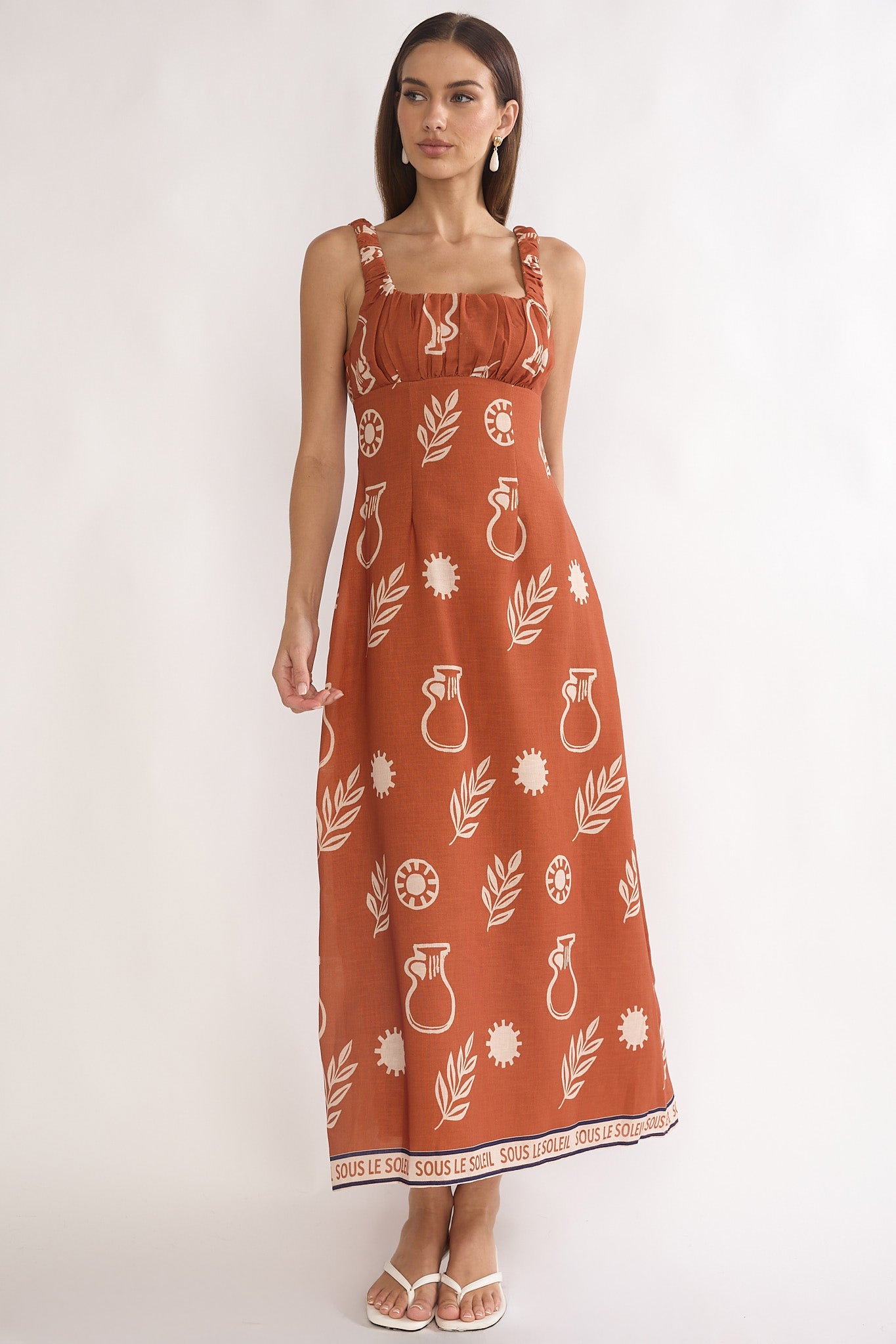 Aila Gathered Bust Maxi Dress Print Tan