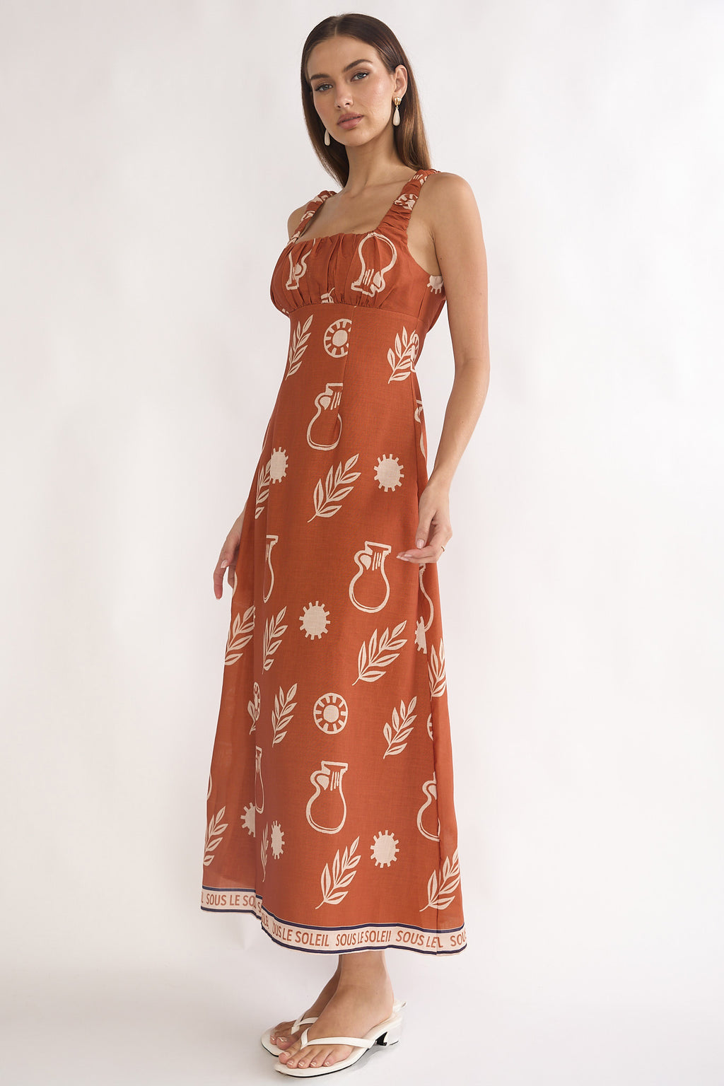 Aila Gathered Bust Maxi Dress Print Tan