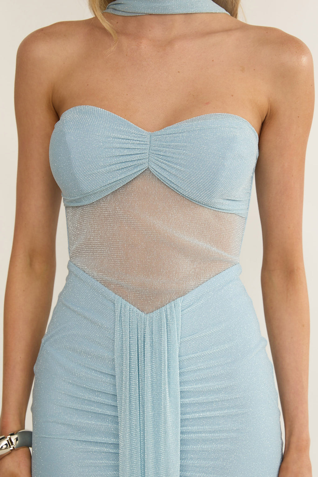 Elma Bandeau Sheer Shimmer Maxi Dress Ice Blue by Selfie Leslie