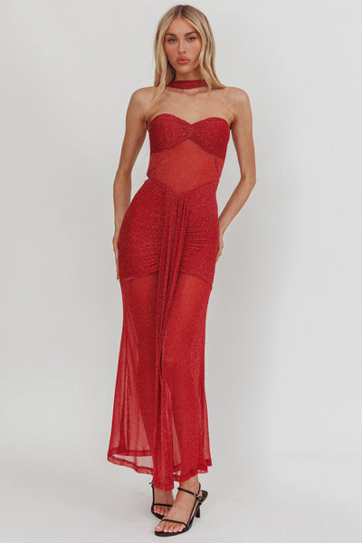 elma bandeau neck tie mini dress red from selfie leslie Elma Bandeau Sheer Shimmer Maxi Dress Red