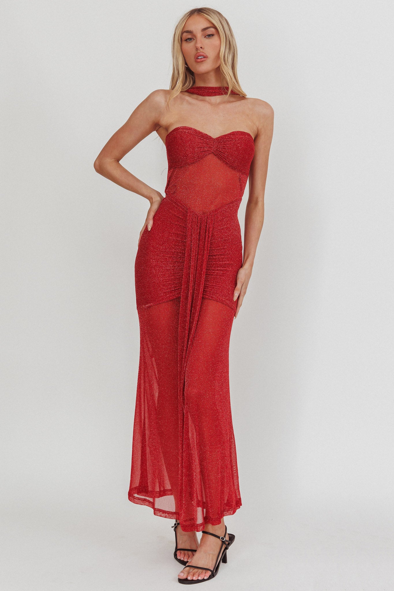 Elma Bandeau Sheer Shimmer Maxi Dress Red | Selfie Leslie