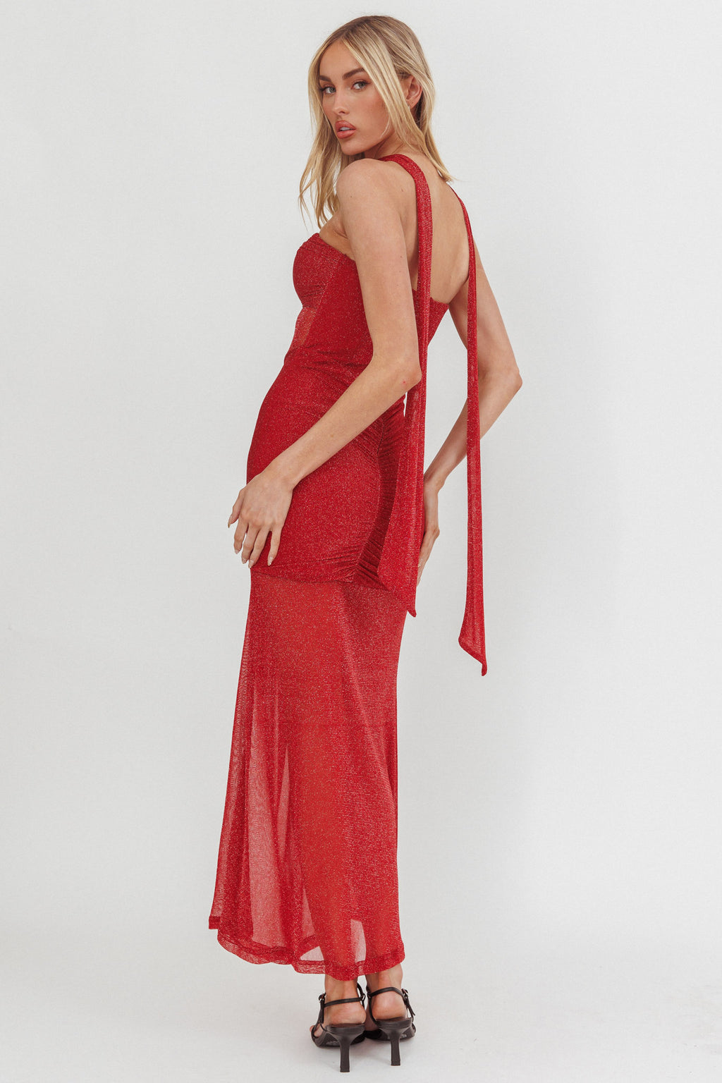 Elma Bandeau Sheer Shimmer Maxi Dress Red by Selfie Leslie