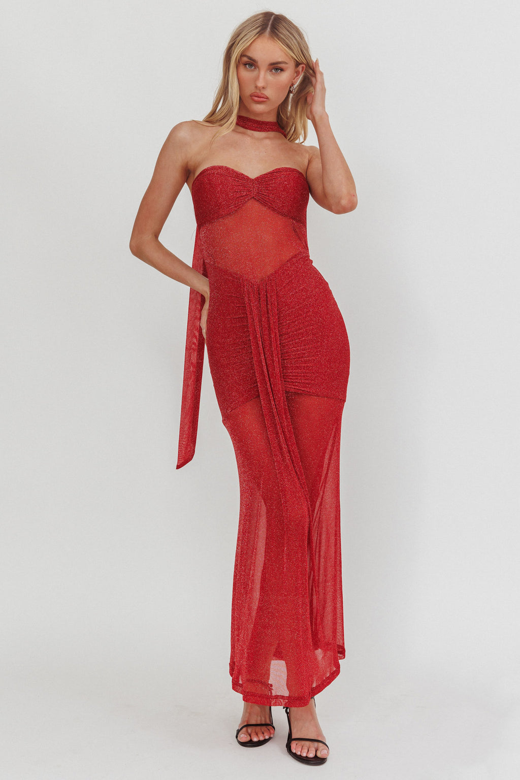 Elma Bandeau Sheer Shimmer Maxi Dress Red by Selfie Leslie