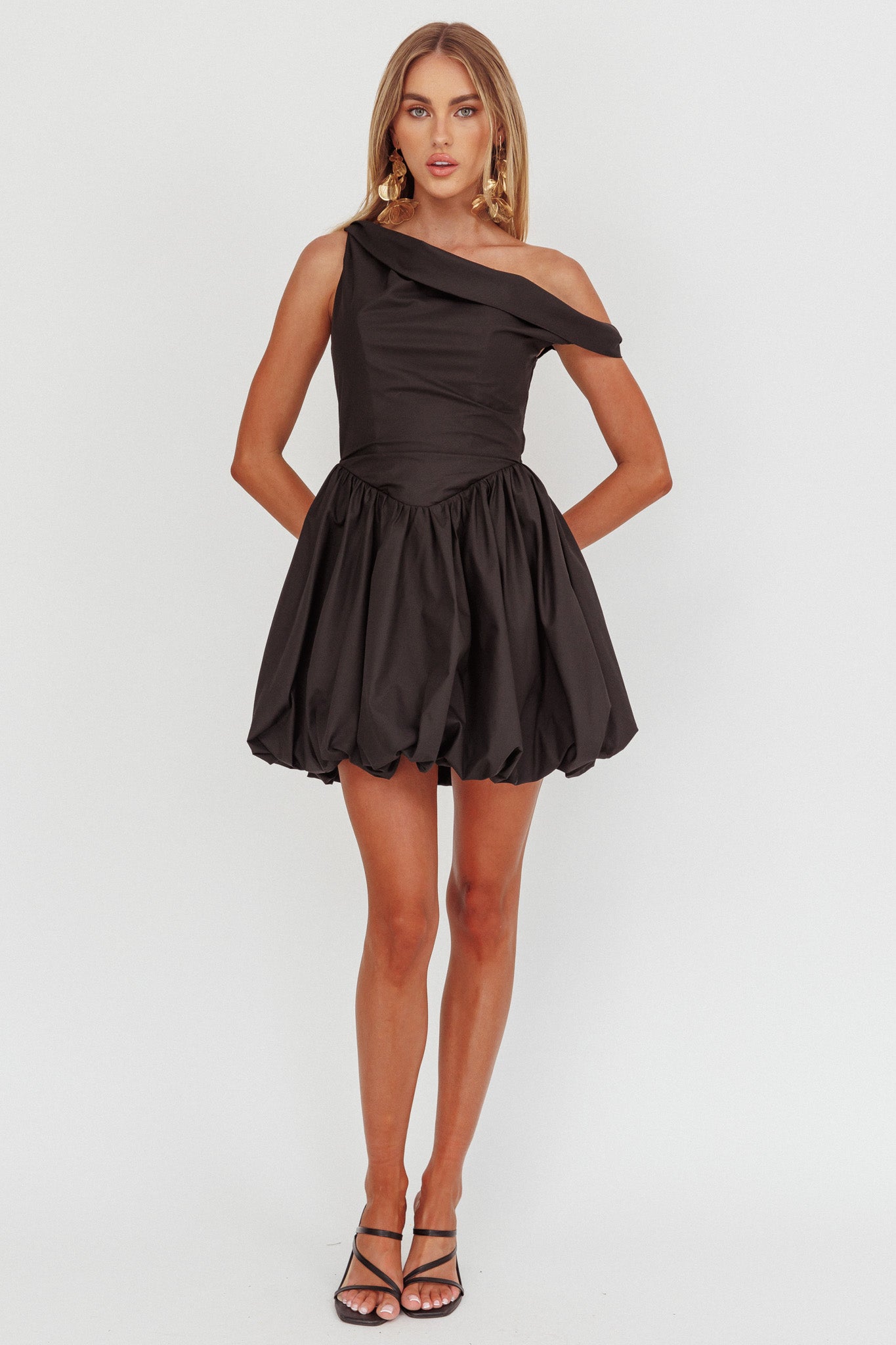 Celinda Asymmetric Neckline Balloon Mini Dress Black by Selfie Leslie