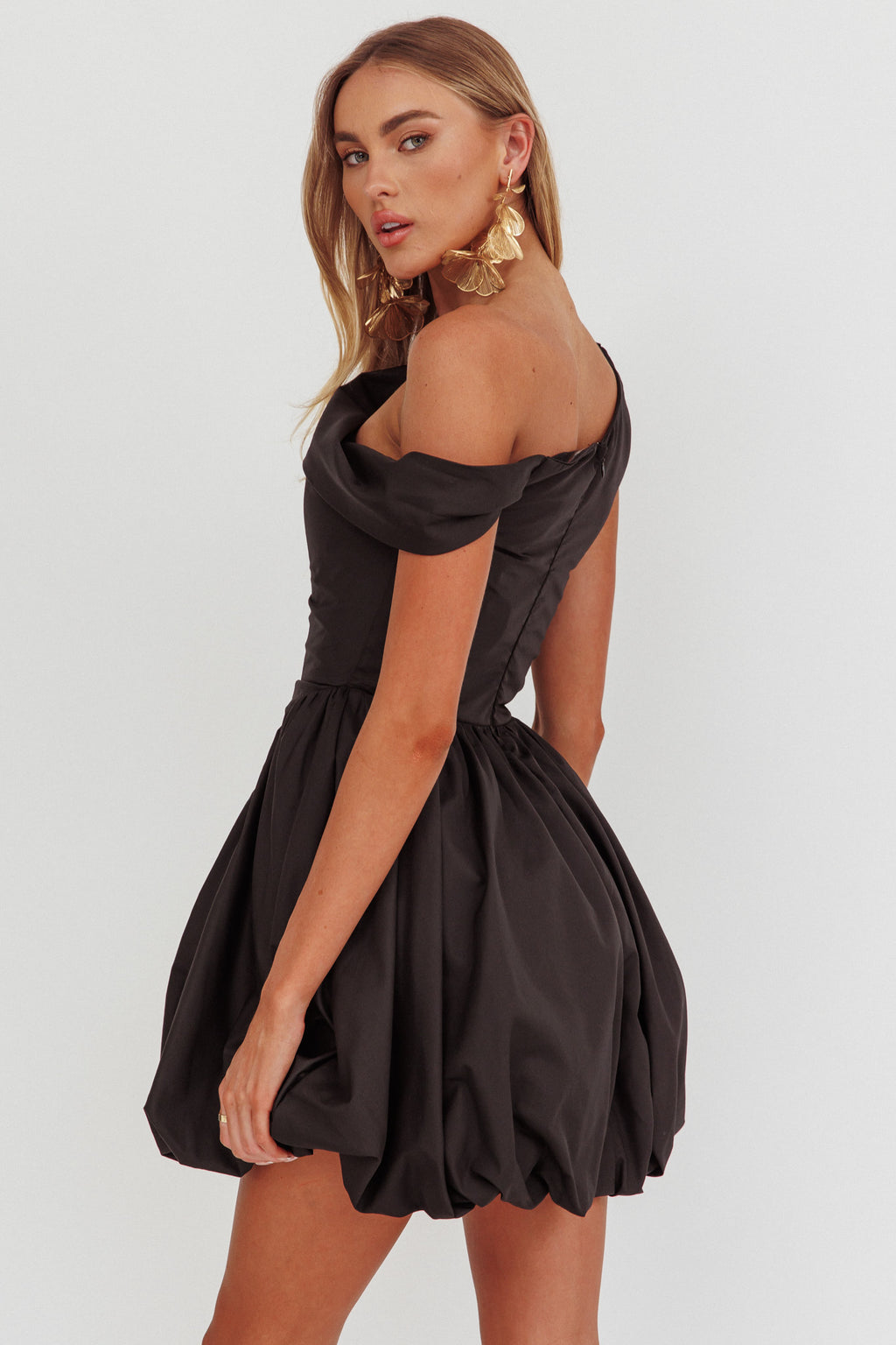 Celinda Asymmetric Neckline Balloon Mini Dress Black by Selfie Leslie