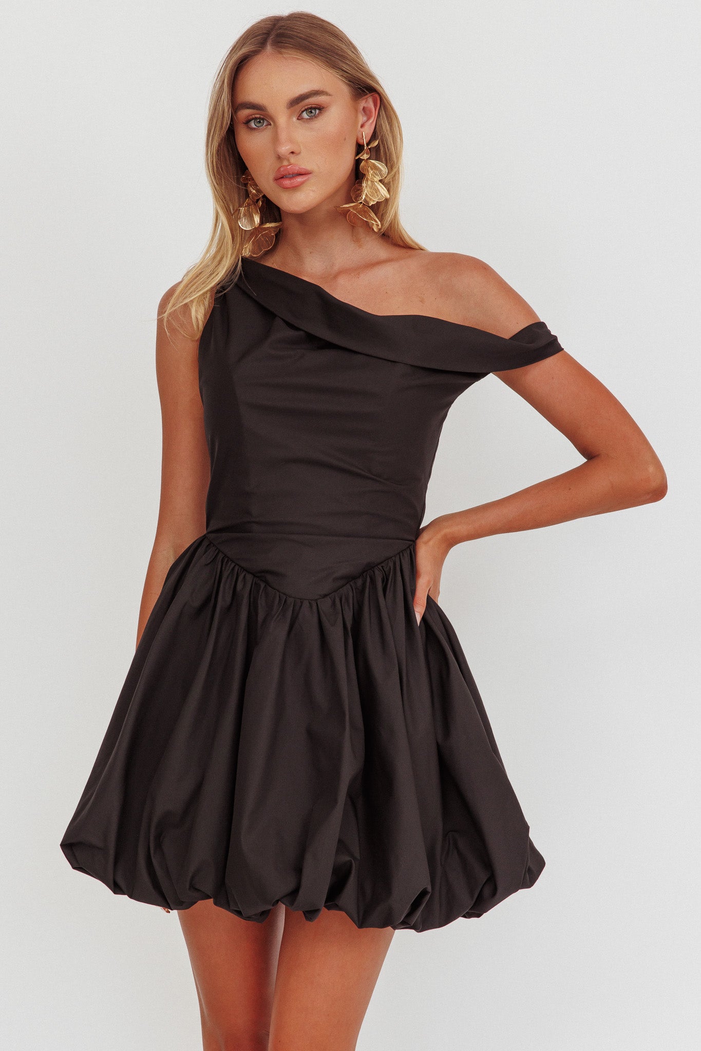 Celinda Asymmetric Neckline Balloon Mini Dress Black by Selfie Leslie