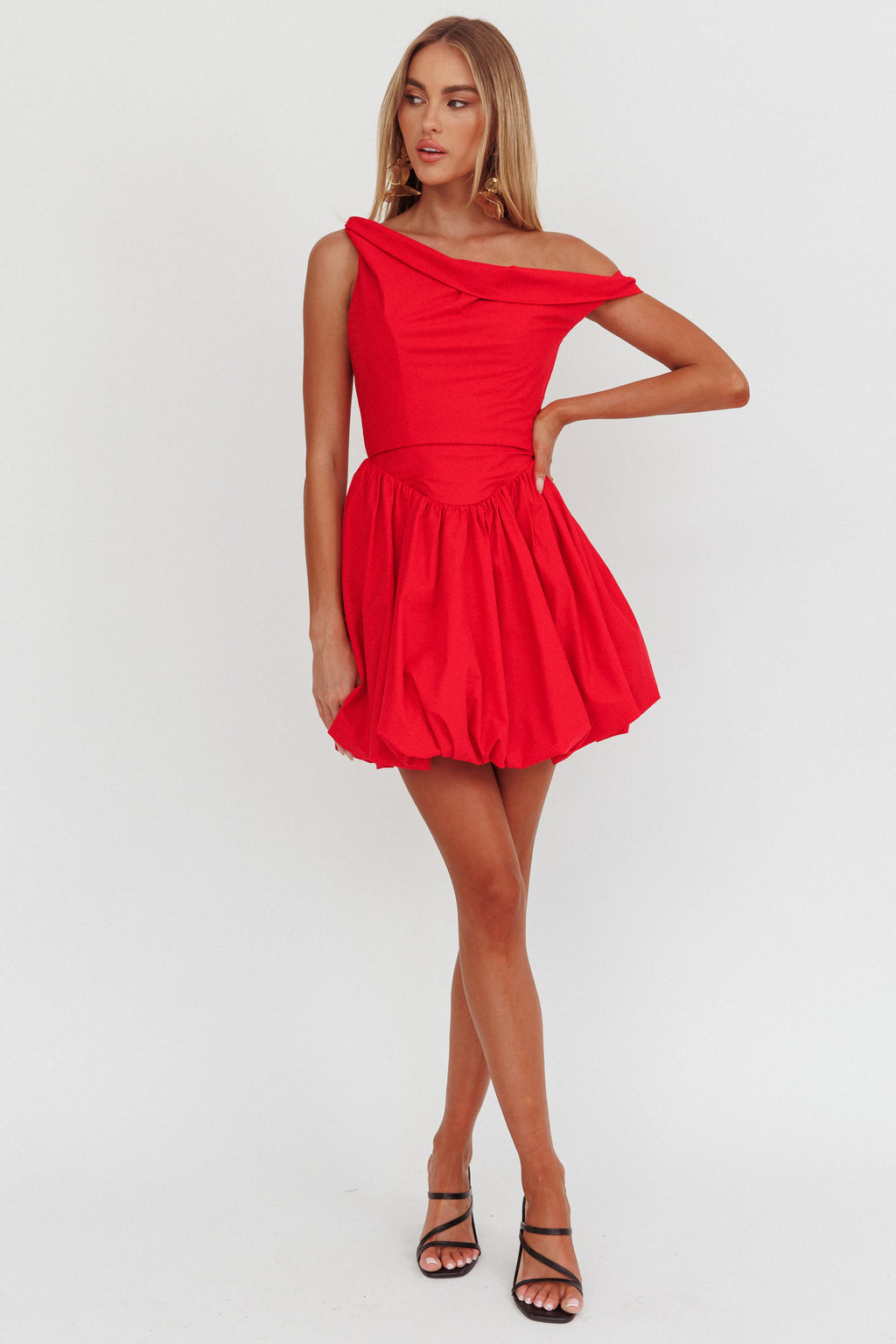 Celinda Asymmetric Neckline Balloon Mini Dress Red by Selfie Leslie