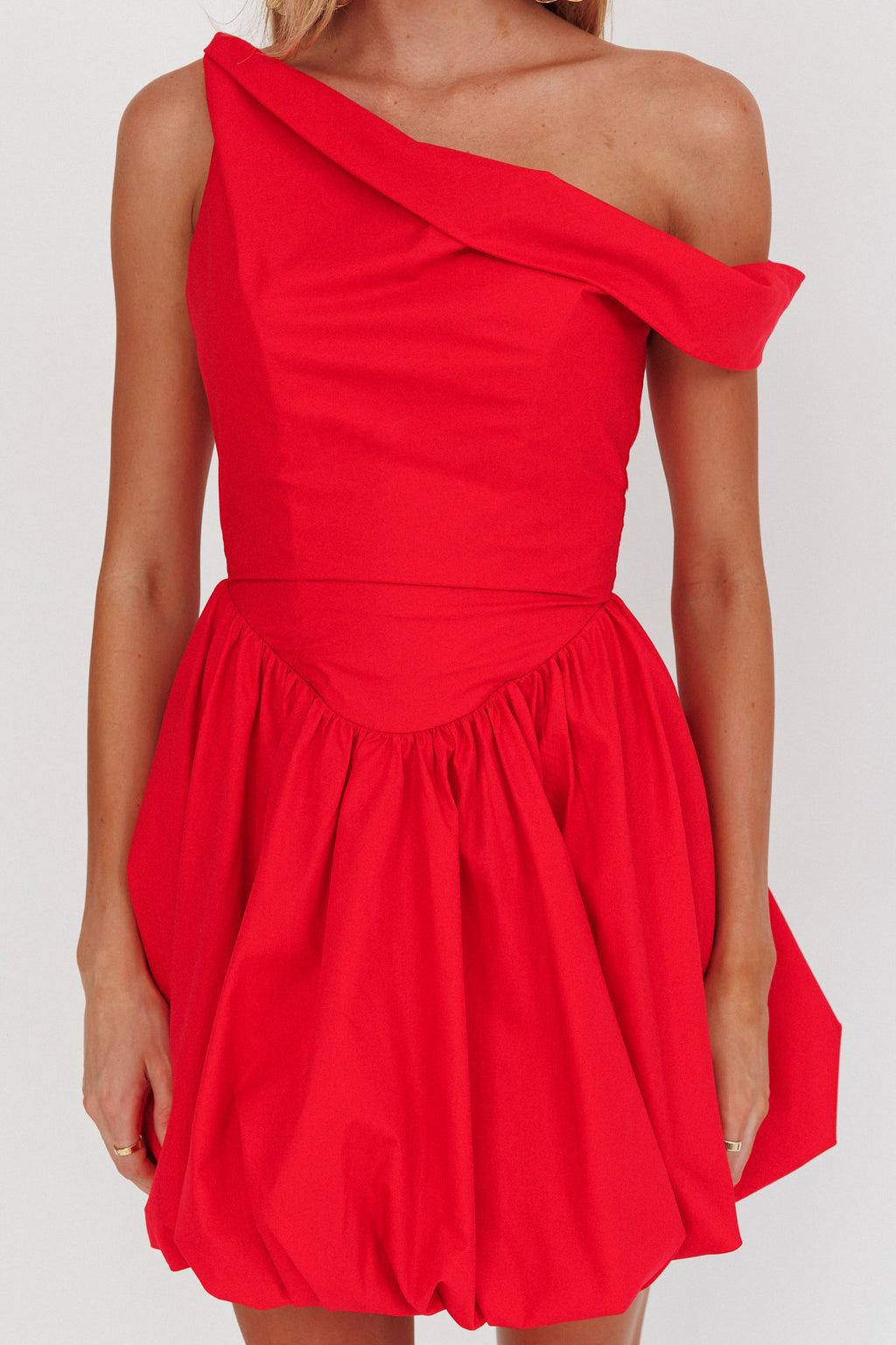 Celinda Asymmetric Neckline Balloon Mini Dress Red by Selfie Leslie