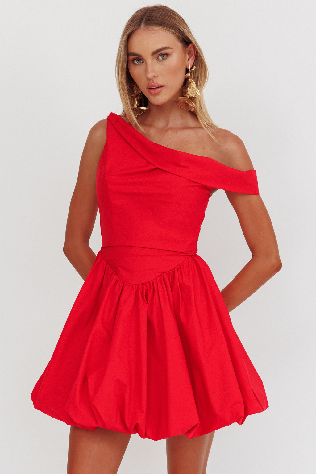 Celinda Asymmetric Neckline Balloon Mini Dress Red by Selfie Leslie