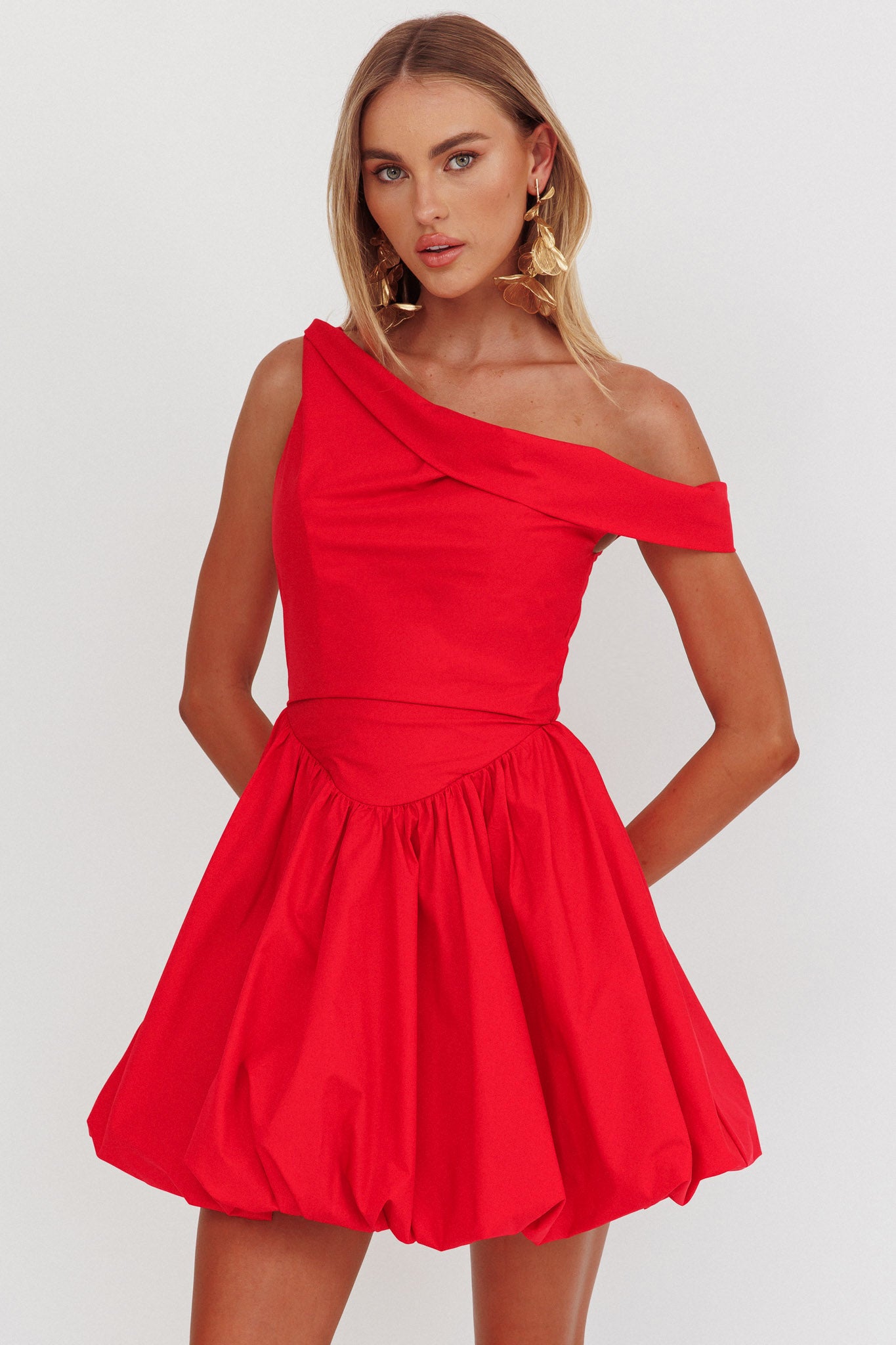 Celinda Asymmetric Neckline Balloon Mini Dress Red by Selfie Leslie