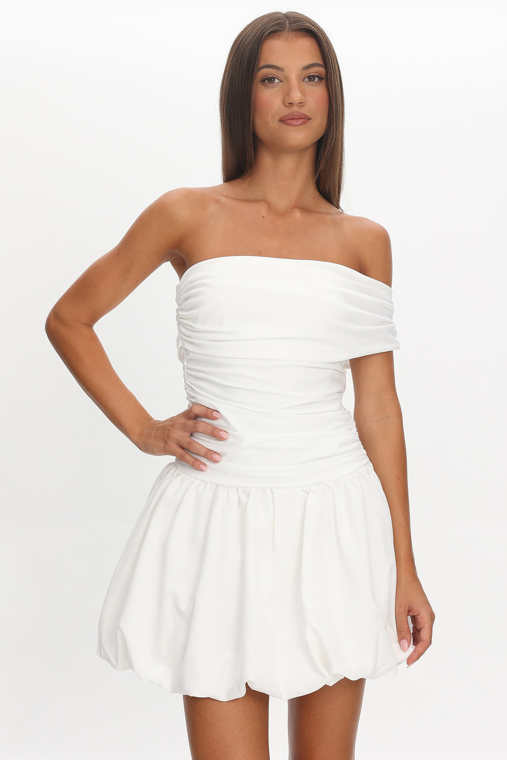 Dalayla One-Sleeve Balloon Skirt Mini Dress White by Selfie Leslie