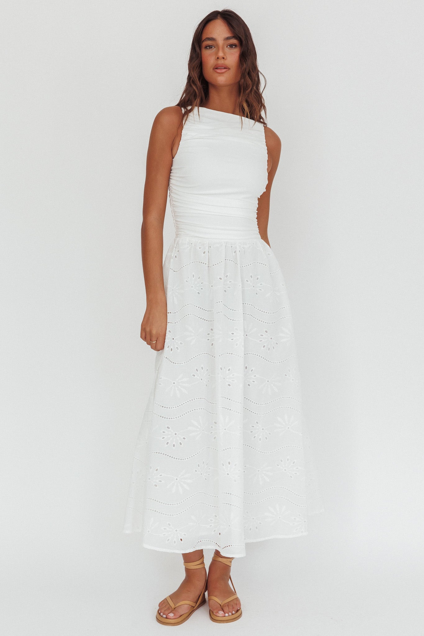 white eyelet maxi dress Embroidered 52 inches * Woven fabrication * Made with natural fiber * 100% Cotton Off White Eyelet Lace Sleeveless