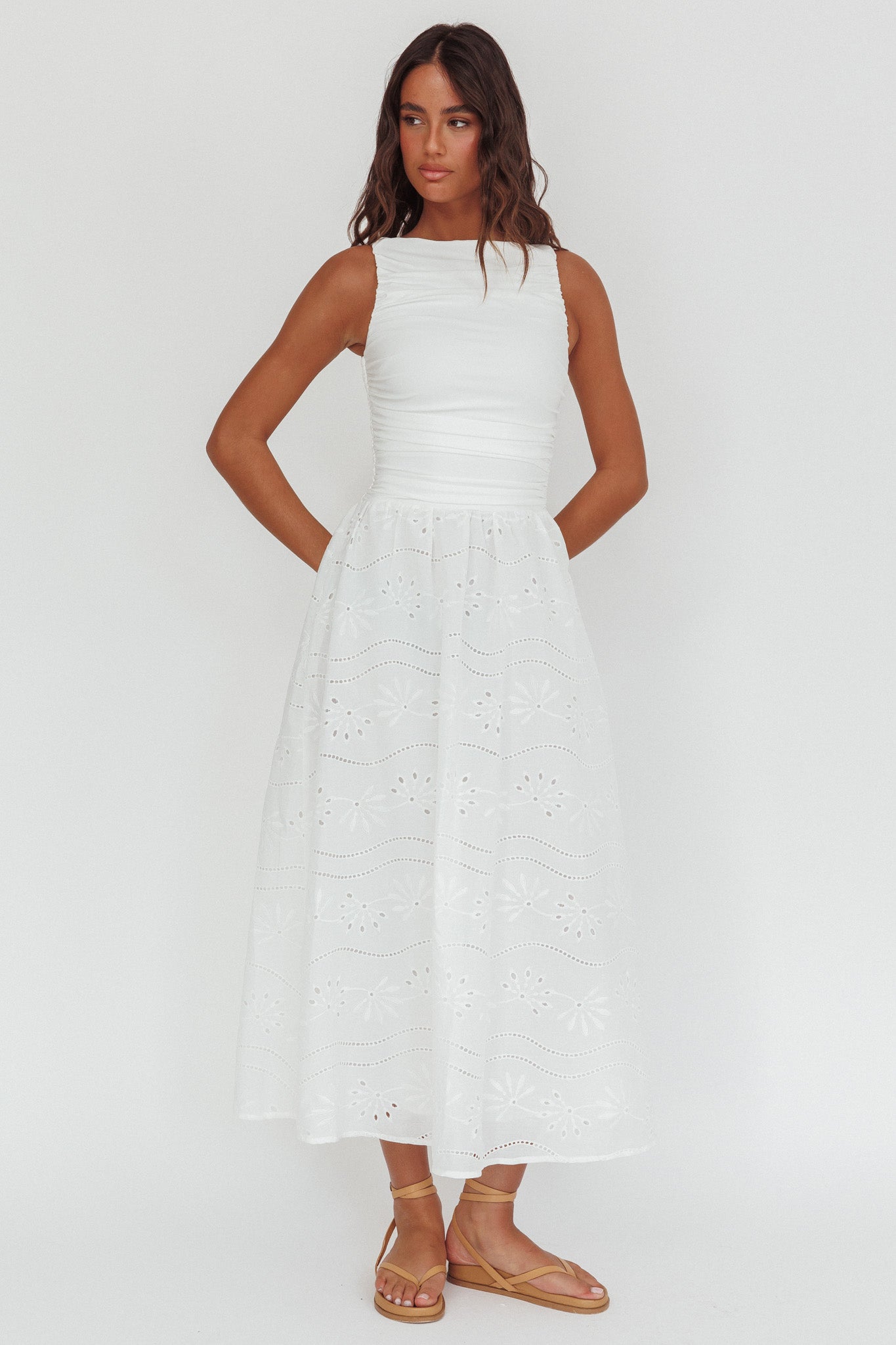 white eyelet maxi dress Dalayla Sleeveless Eyelet Maxi Dress White