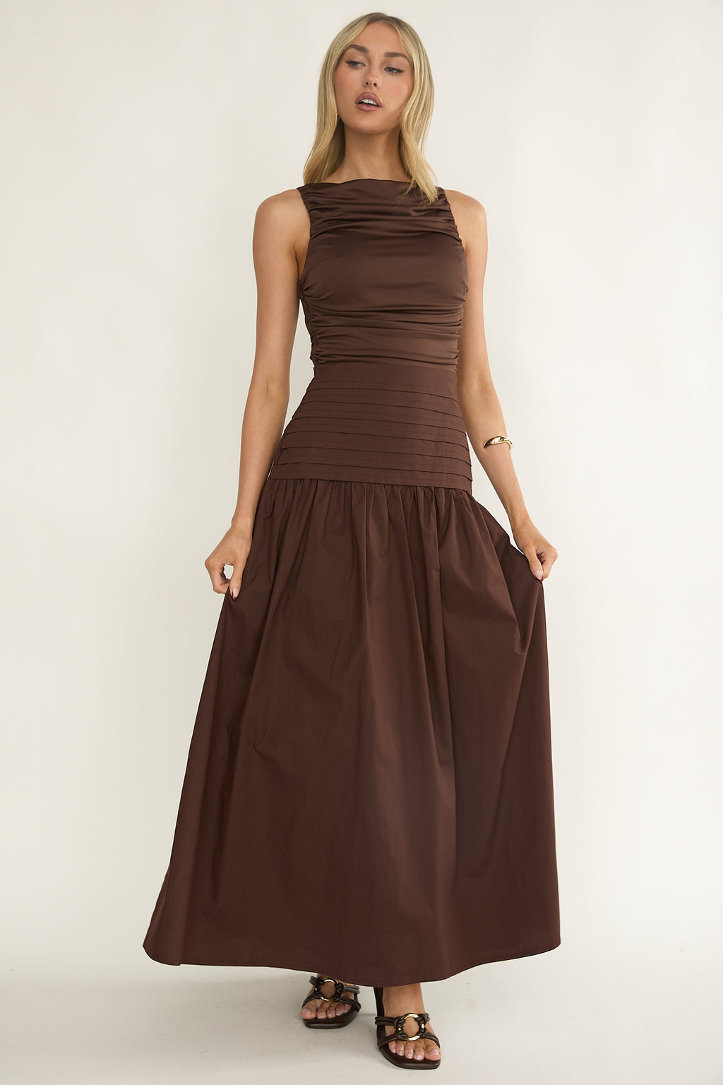 Eira Pintuck Pleat Drop Waist Maxi Dress Chocolate by Selfie Leslie