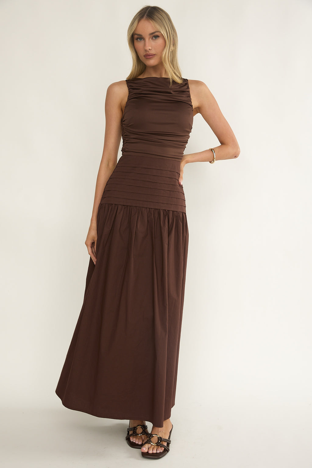 Eira Pintuck Pleat Drop Waist Maxi Dress Chocolate by Selfie Leslie
