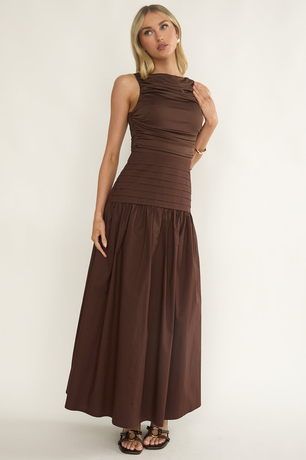 Eira Pintuck Pleat Drop Waist Maxi Dress Chocolate by Selfie Leslie
