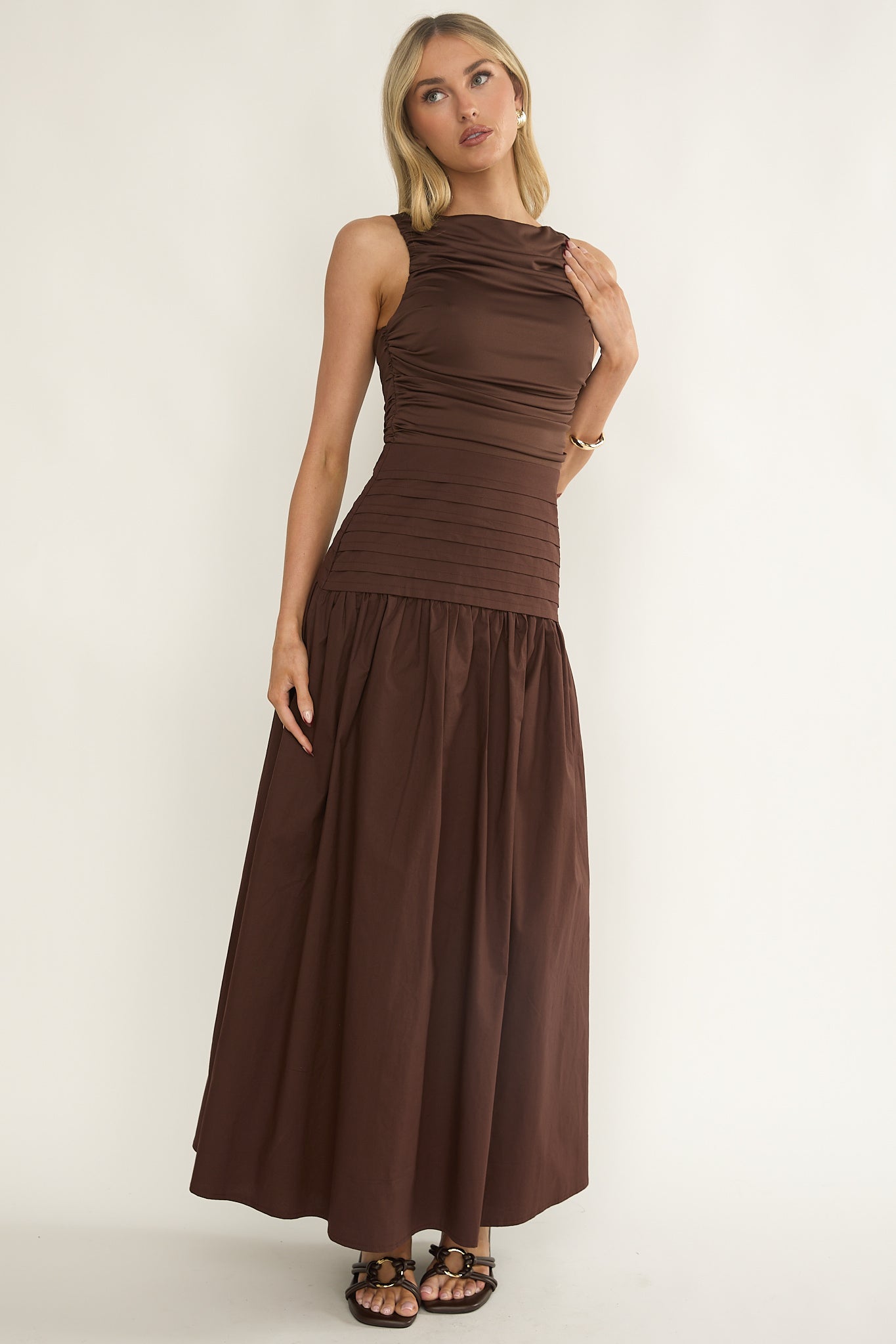 Eira Pintuck Pleat Drop Waist Maxi Dress Chocolate by Selfie Leslie