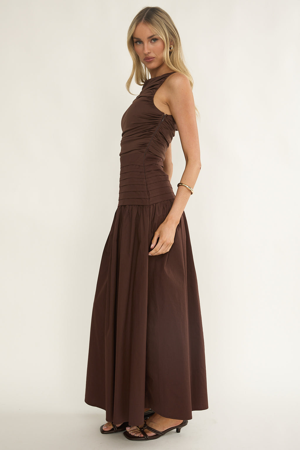 Eira Pintuck Pleat Drop Waist Maxi Dress Chocolate by Selfie Leslie
