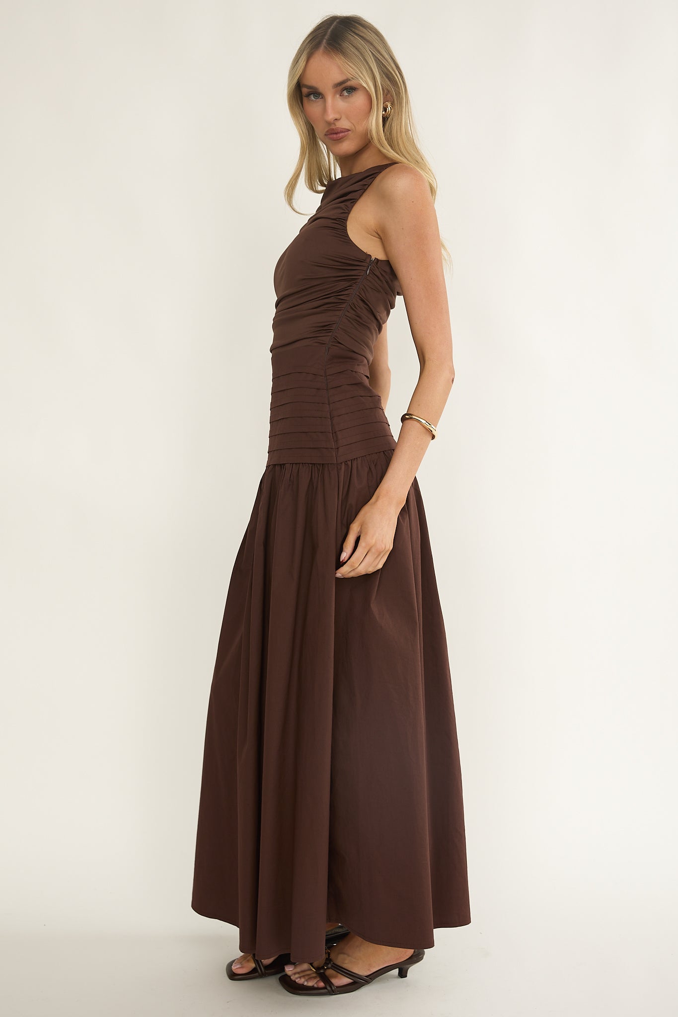 Eira Pintuck Pleat Drop Waist Maxi Dress Chocolate by Selfie Leslie