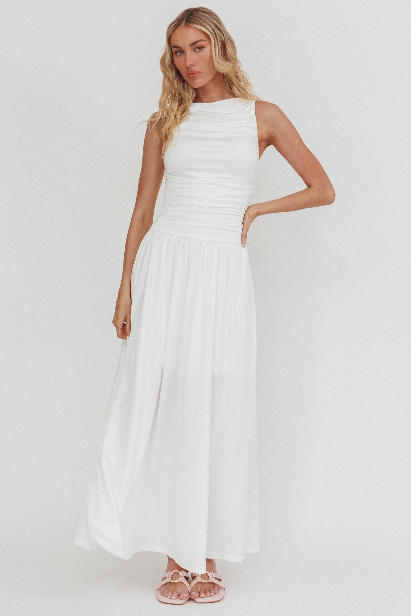 Dalayla Sleeveless Ruched Maxi Dress White by Selfie Leslie