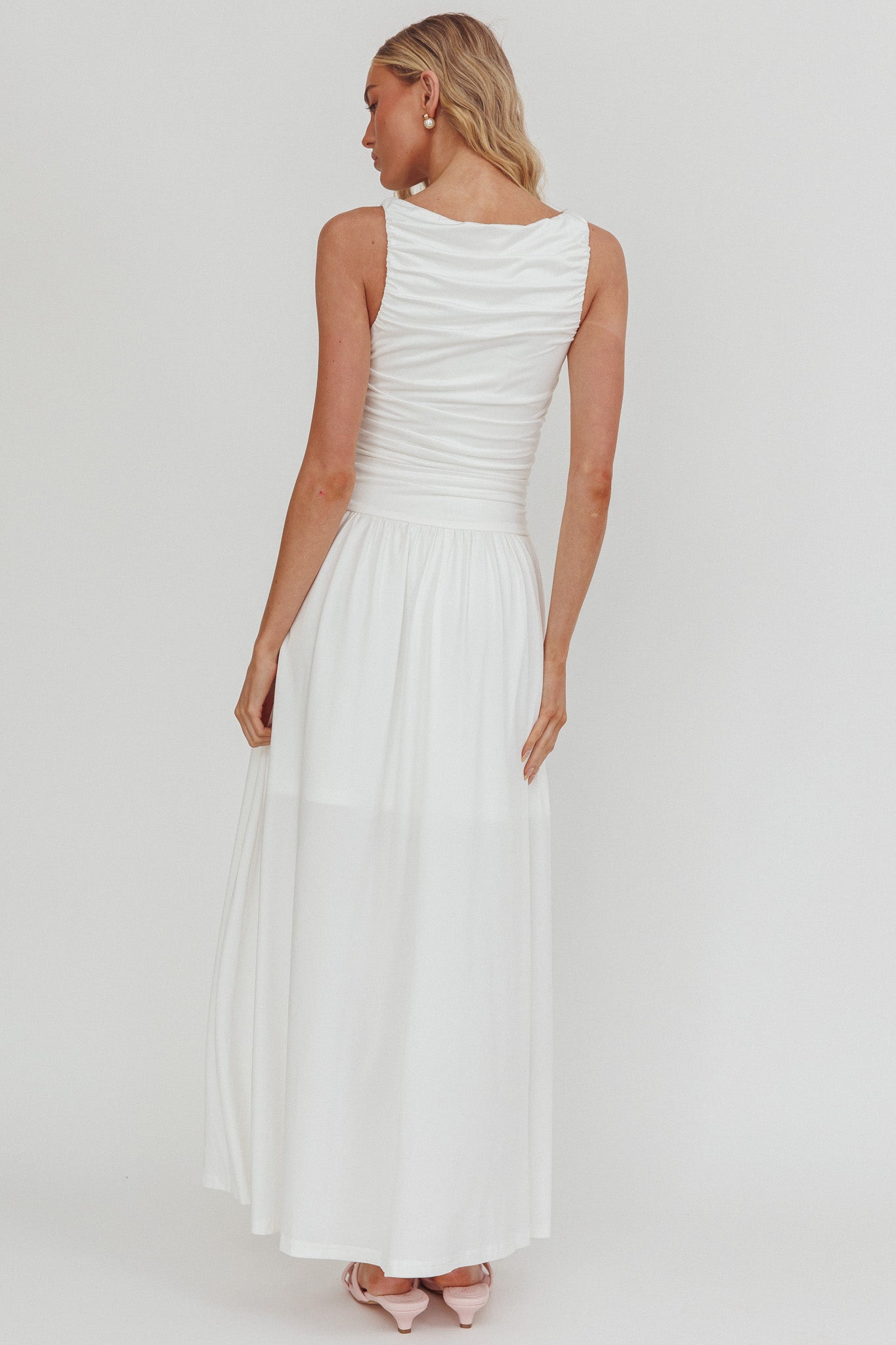 white ruched maxi dress Dalayla Sleeveless Ruched Maxi Dress White