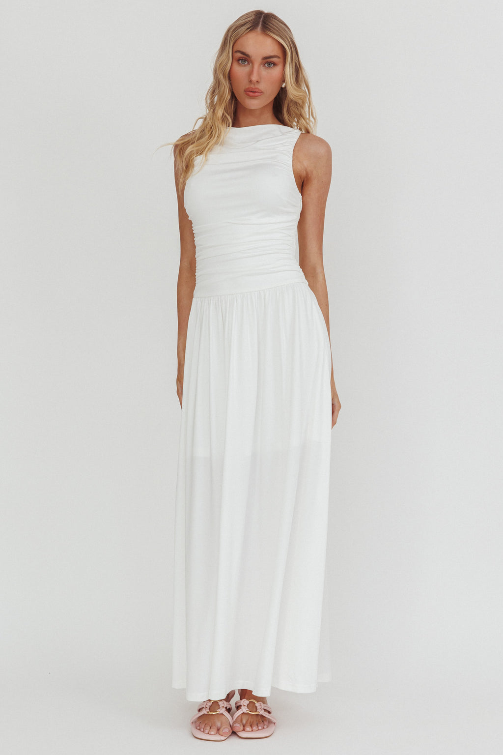 Dalayla Sleeveless Ruched Maxi Dress White by Selfie Leslie